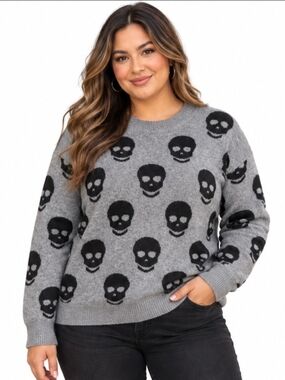bobeau Gray Sweater with Black Skull Pattern